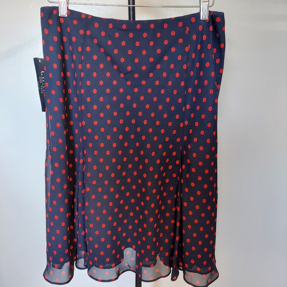 NWT Chaps Ralph Lauren Women Sz M Flare  Blue Red Polka Dot Skirt Zipper Lined
